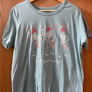 Women’s Zoe + Liv “Let’s Get Rowdy” Cowboy Skeleton Blue Graphic T-Shirt XL